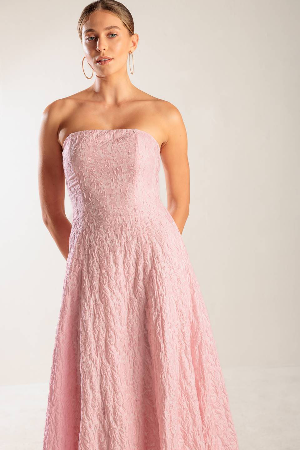 ROLL WITH IT PINK WOVEN MIDI DRESS Flying Tomato